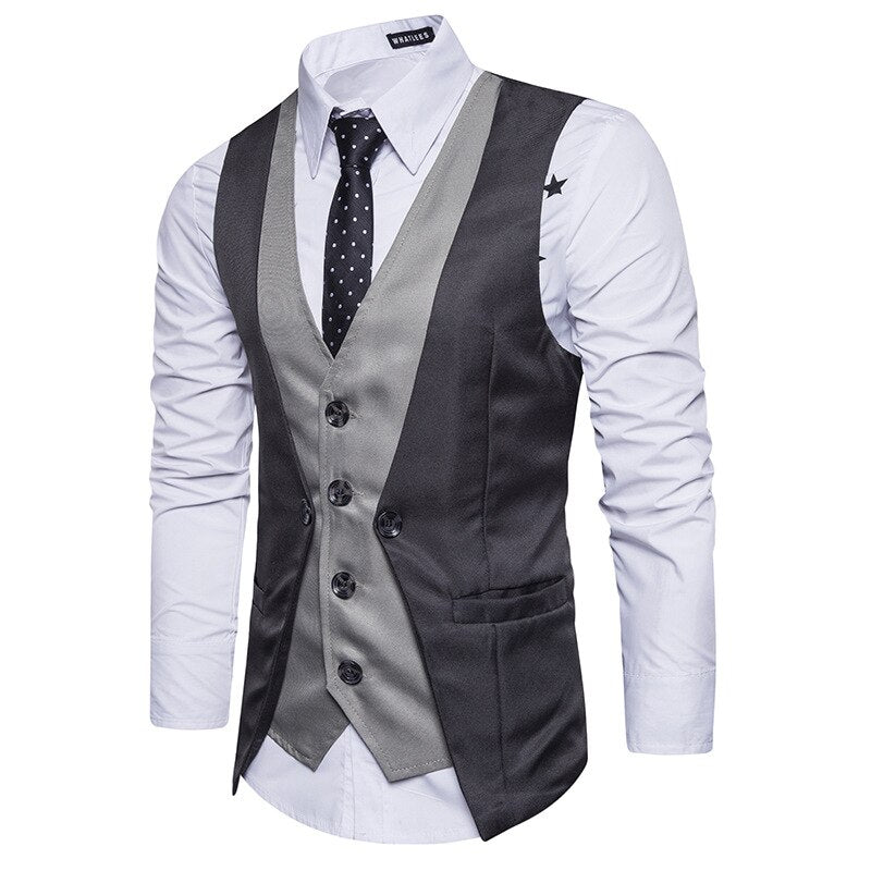 Men Formal Waistcoat Vest Business Solid Color Single Button Vest gilet Fake Two-pieces V Neck Casual S-lim chalecos para hombre