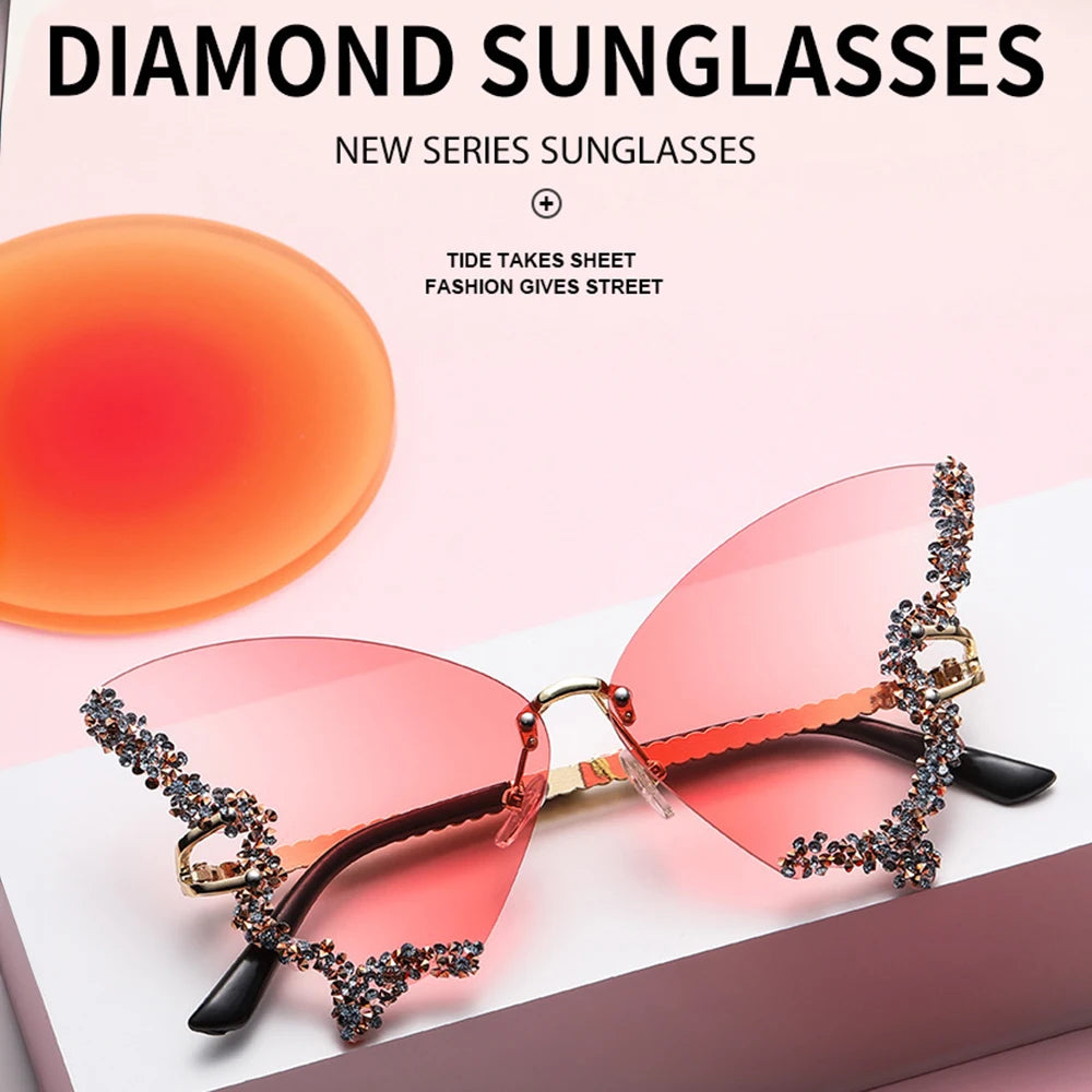 Luxury Diamond Butterfly Sunglasses Women Brand  Vintage Rimless Oversized Sun Glasses Ladies Eyewear Holiday Decorative Eyewear