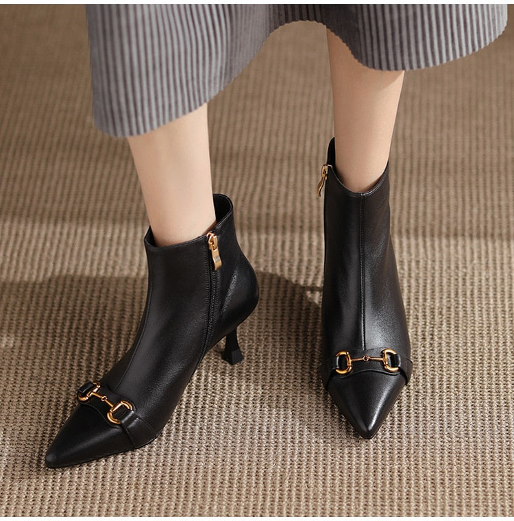 Autumn and Winter Women's Short Boots Large 43 Leather Boots New Plush High Heels Women's Shoes Full Leather Fashion Nude Boots