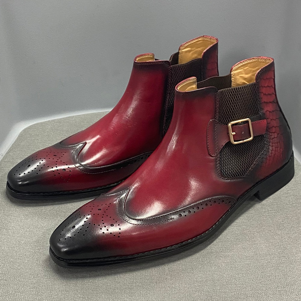 Luxury Brand Men's Chelsea Causal Boots High Quality Genuine Leather Slip on Buckle Strap Black Brown Wedding Formal Ankle Boots