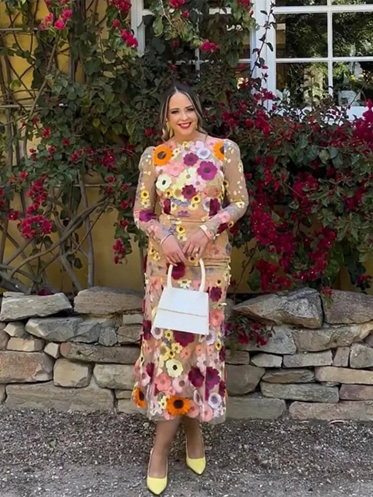 Fashion Flower Embroidered Lace Long Dress For Women Elegant O-neck Long Sleeve Dresses 2024 Spring Chic High Street Vestidos