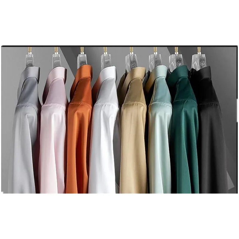 Luxurious Men's Long Sleeve Shirt 2023 New Spring Summer Ice Silk Business Top Wrinkle-resistant Non-iron Solid Men Clothing