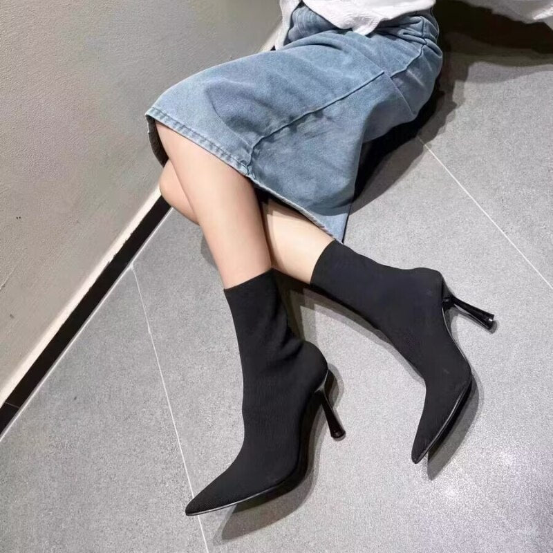 TRAF Black High Heel Sock Boots For Women Elegant Knitting Stretch  Ankel Boots Office Lady Pointed Toe Heels Autumn Heeled Boot