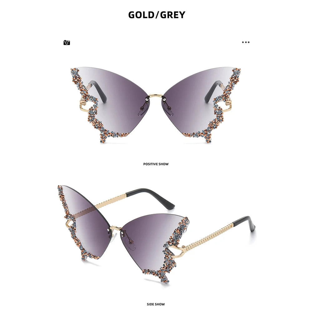 Luxury Diamond Butterfly Sunglasses Women Brand  Vintage Rimless Oversized Sun Glasses Ladies Eyewear Holiday Decorative Eyewear