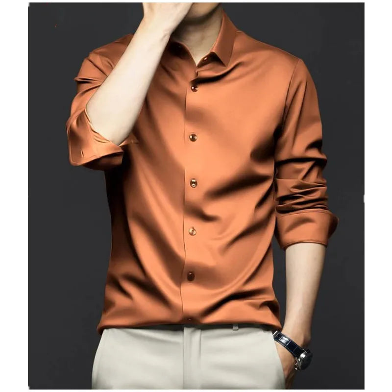 Luxurious Men's Long Sleeve Shirt 2023 New Spring Summer Ice Silk Business Top Wrinkle-resistant Non-iron Solid Men Clothing