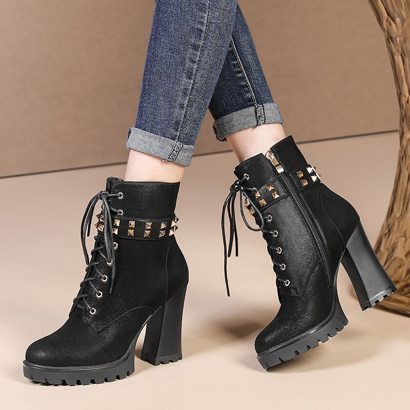 Black Spring Autumn Women Ankle Boots Cross-tied Super high heel Round Toe Fashion Rivets Zipper Platform Boots