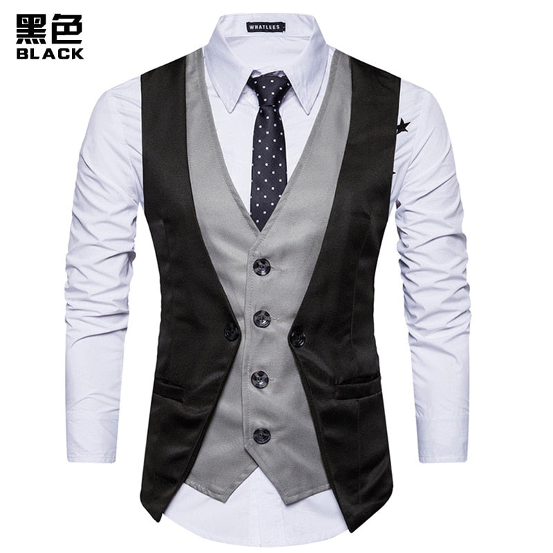 Men Formal Waistcoat Vest Business Solid Color Single Button Vest gilet Fake Two-pieces V Neck Casual S-lim chalecos para hombre