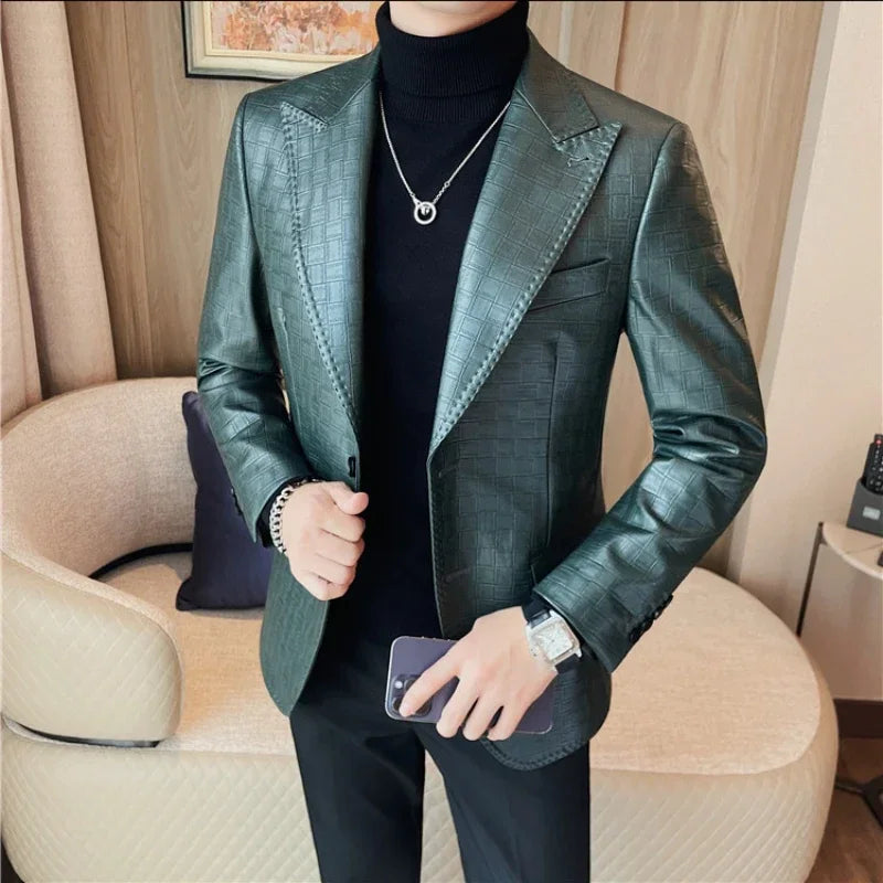 2023 Autumn Winter Checkered Leather Jacket Men Business Slim Fit Casual Blazer Party Stage Singer Social Dress Coat Streetwear