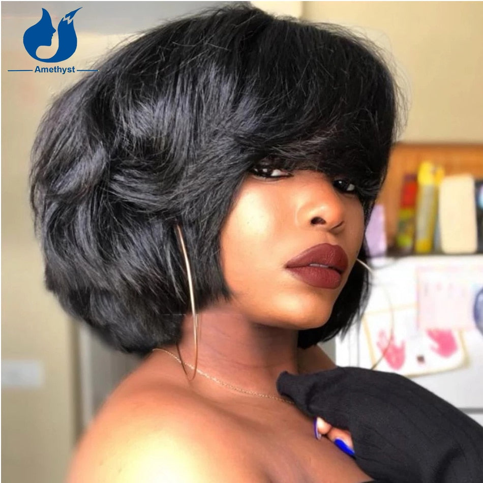 Amethyst Natural Black Short Yaki Wave Bob Human Hair Wigs With Bangs For Women Full Machine O Scalp Top Wig None Lace Remy