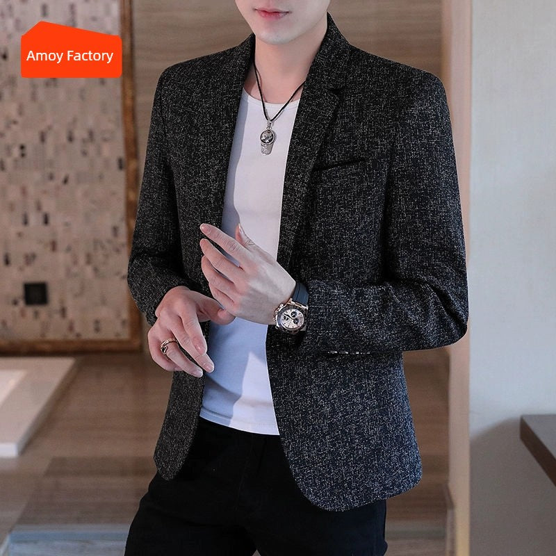 Spring Black Slim Fit Fleece-lined Men's Leisure Suit