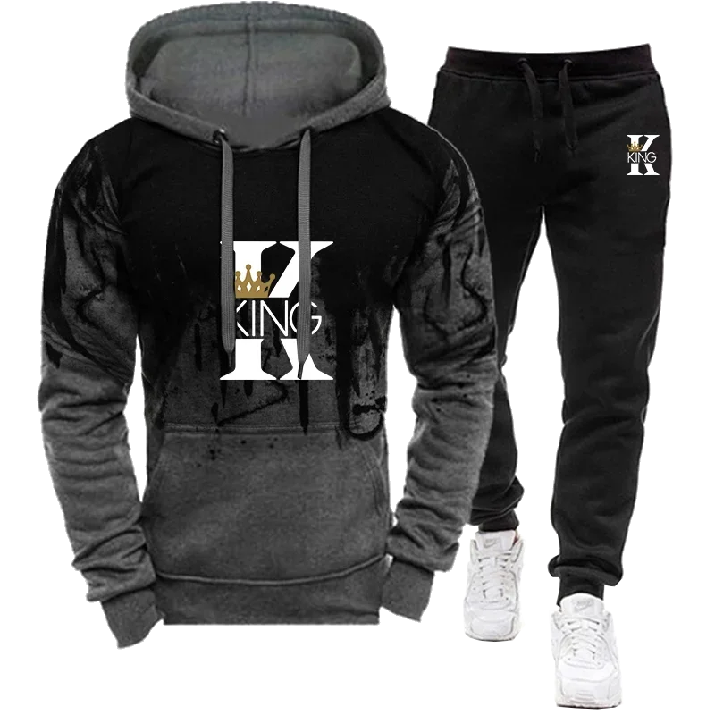 Men's Sets Splash Ink Sweatshirt and Sweatpants Two Piece Outfits Autumn Spring King Printed Streetwear Male Tracksuit S-4XL