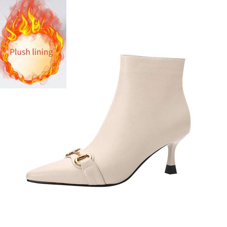 Autumn and Winter Women's Short Boots Large 43 Leather Boots New Plush High Heels Women's Shoes Full Leather Fashion Nude Boots