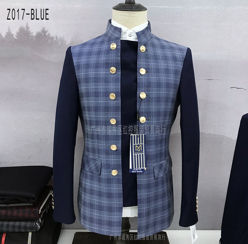 Fashionable Patchwork Suits for Men 2 Pieces Slim Fit Fashion Chinese Tunic Suit Blazer Pants Luxury Gold Buttons Plaid Tuxedos