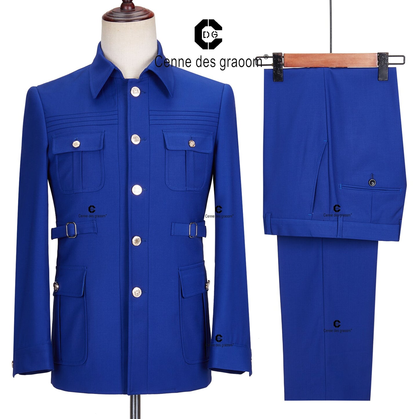 Cenne Des Graoom Safari Men Suits Gold Button Square Collar Tailor-Made Formal Casual Business Official Wear Costume Homme Blue
