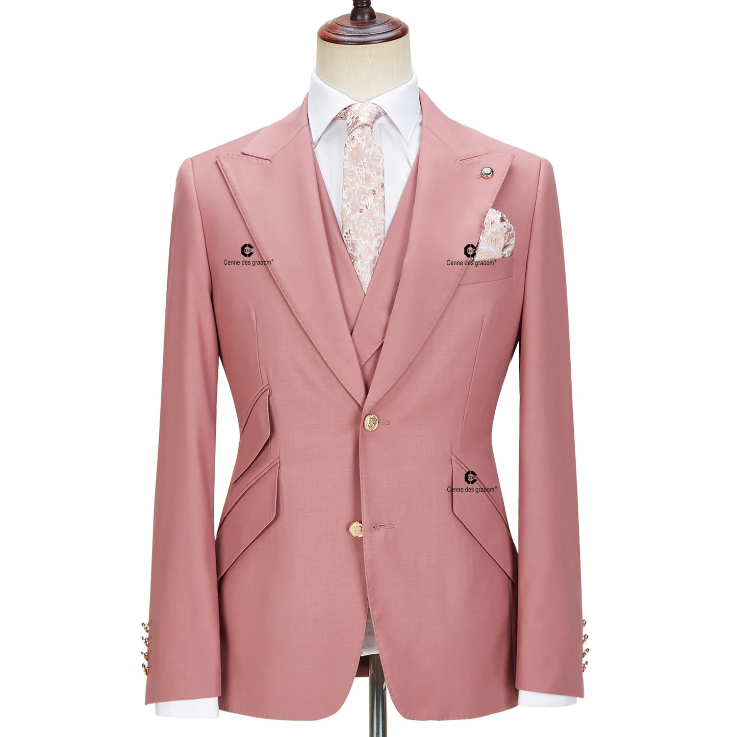 Cenne Des Graoom New Men Suits Slim Fit 3 Pieces Set Gold Button Solid Jacket Vest Pants Wedding Elegant Dress Formal Casual 999