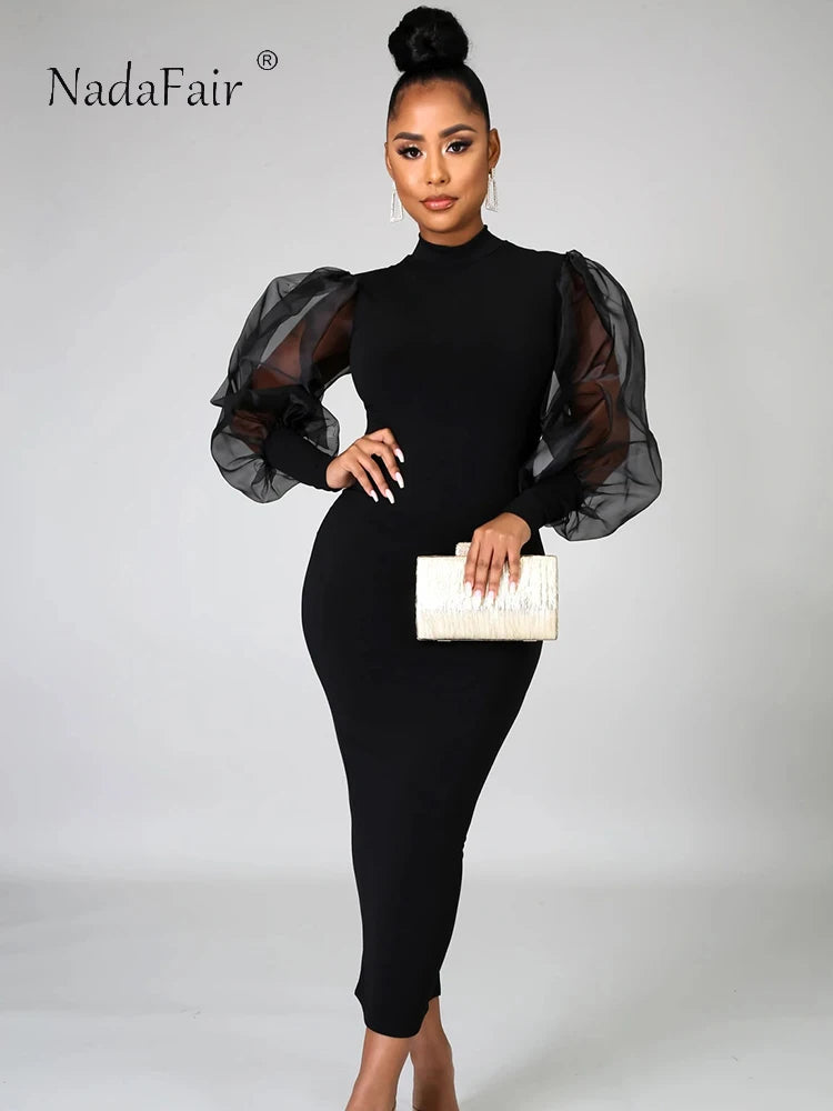 Nadafair Mesh Puff Sleeve Sexy Bodycon Dress Women High Neck Club Outfits Back Split Black Party Maxi Dress Women Winter  2021