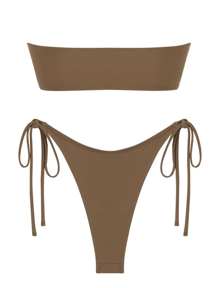 Solid O Ring 2024 New Swimsuit For Women Tie Side Shiny Metal Hardware Ring Bandeau Bikini Swimwear Padded Bra Top Low Waisted