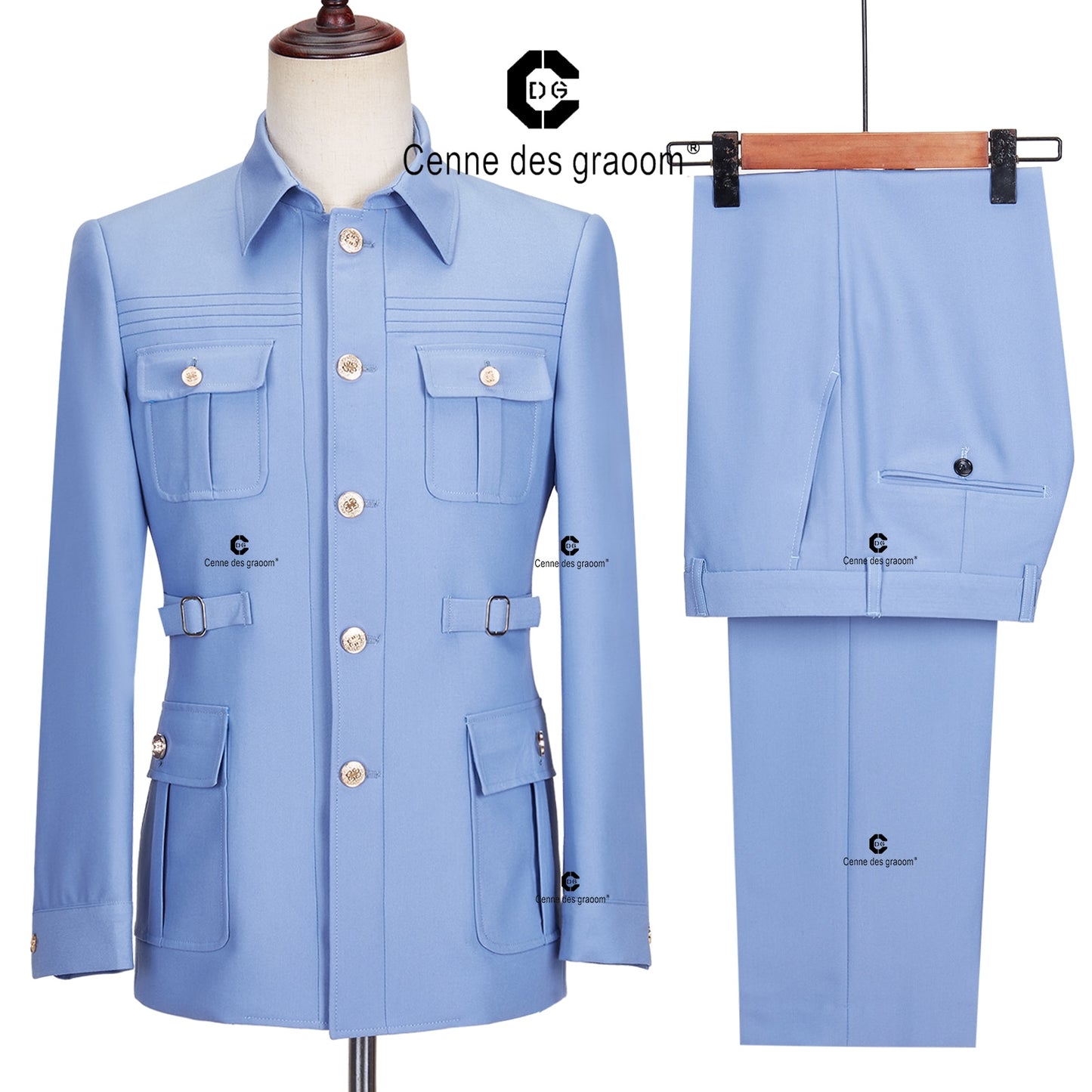 Cenne Des Graoom Safari Men Suits Gold Button Square Collar Tailor-Made Formal Casual Business Official Wear Costume Homme Blue