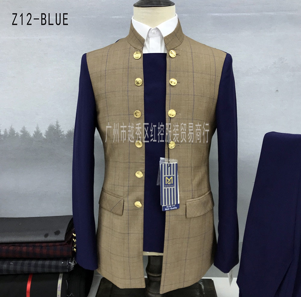 Fashionable Patchwork Suits for Men 2 Pieces Slim Fit Fashion Chinese Tunic Suit Blazer Pants Luxury Gold Buttons Plaid Tuxedos