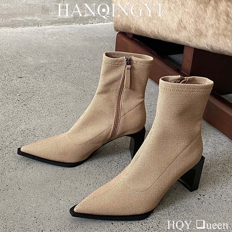 Female Footwear Square Heels Women Ankle Boots Zippers Shoes For Fashion Party Sexy Ladies Stretch Boots 2023 Heeled Shoes