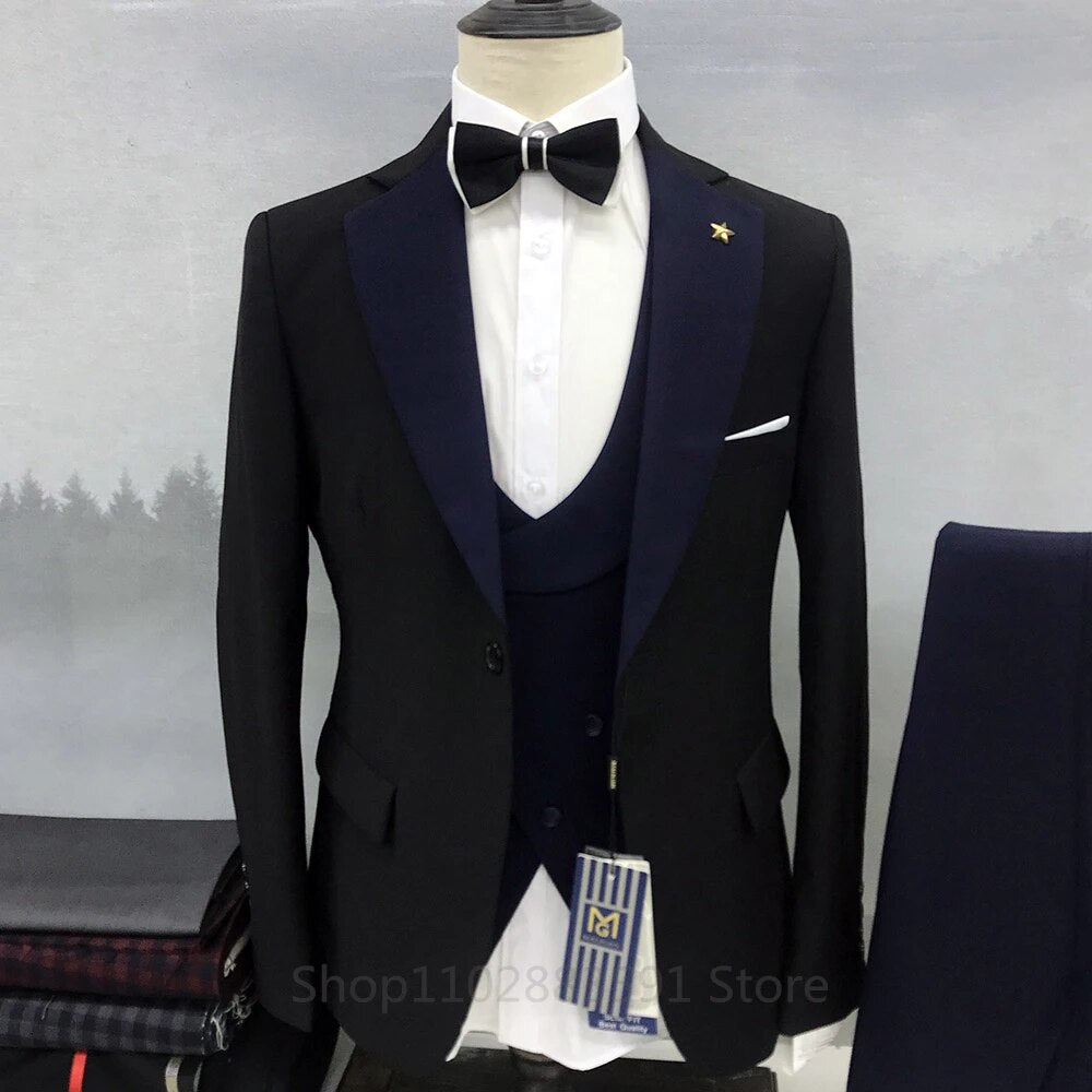 2023 New Men's Set Black Suit Orange Edge Standing Collar Business Formal Luxury Wedding Three Piece Set (Jacket+Pants+Vest)