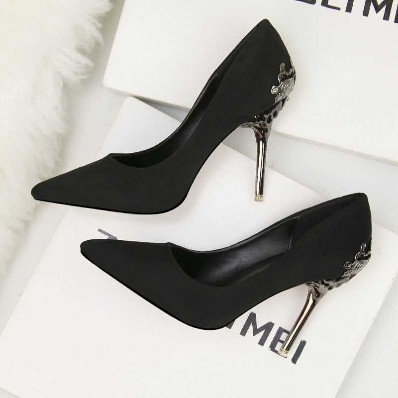 Pointed single shoe women's wedding shoes red bride's shoes metal hollowed out suede thin heeled high heels  luxury