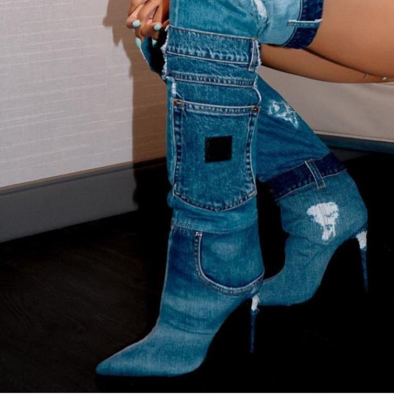 2023 New Women's Washed Blue High Cowboy Boot Pointed Toe Slim High Heel Spice Girl Pocket Spliced Over Knee Boots Women Shoes
