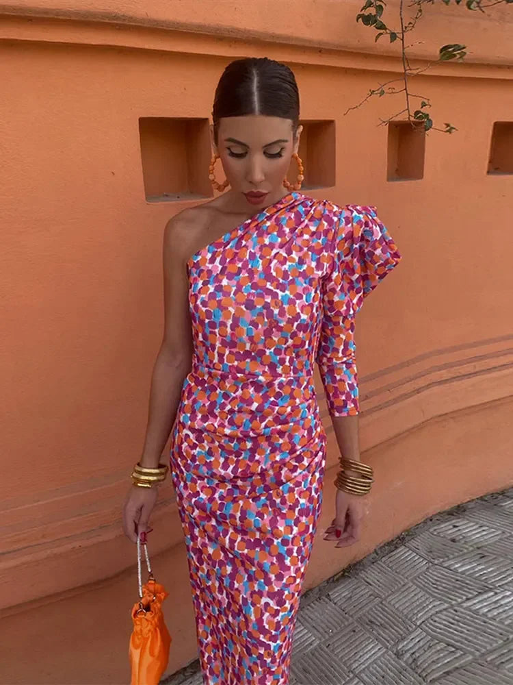 One Shoulder Print Long Sleeve Maxi Dress Women Backless Slim Fit Pleated Robes 2024 New Fashion Lady Vacation Party Vestidos