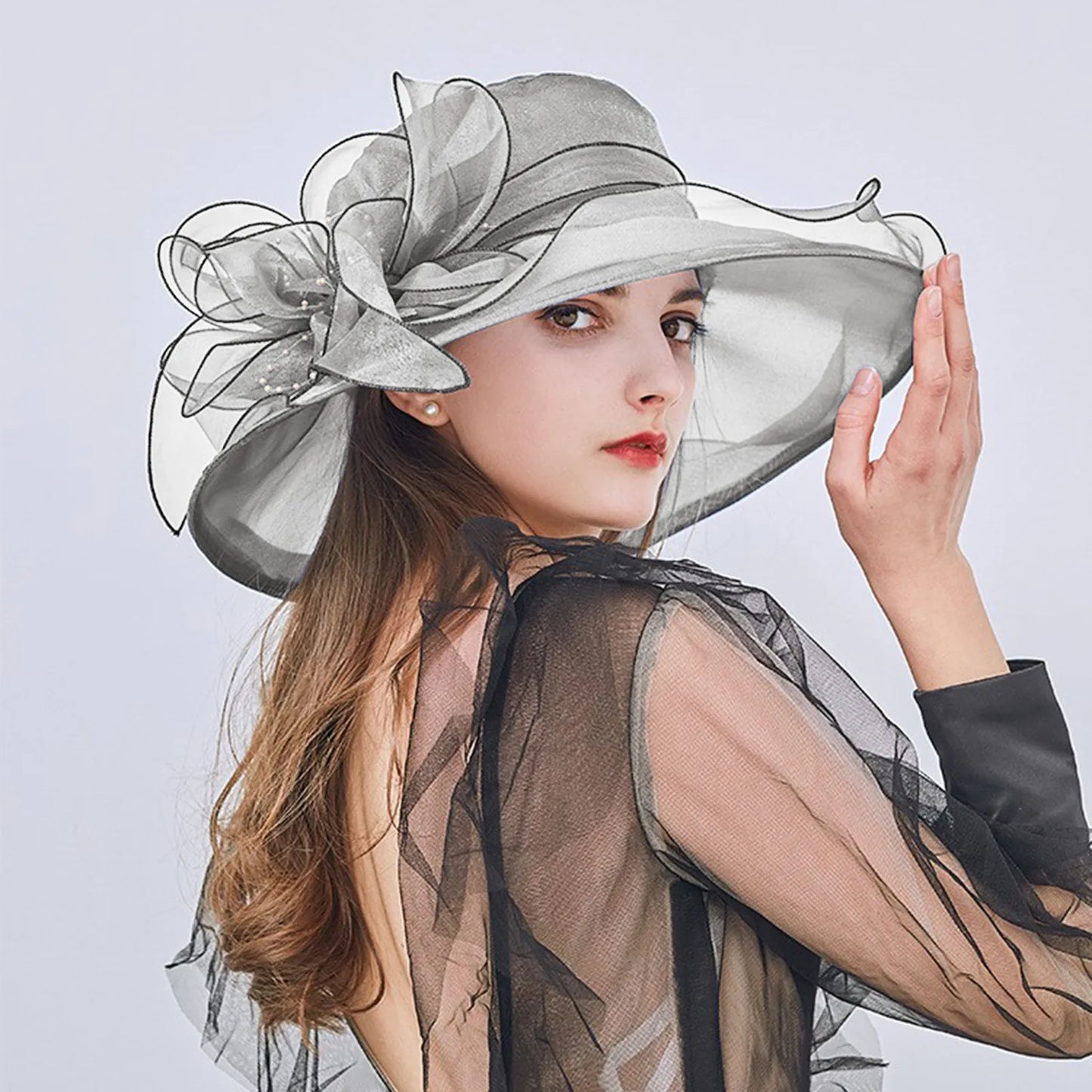 2023 Summer Floppy Wide Brim Sun Hat Women Sun Cap Outdoor Holiday Lady beach Casual Fashion Elegant Flower Organza Top Hat