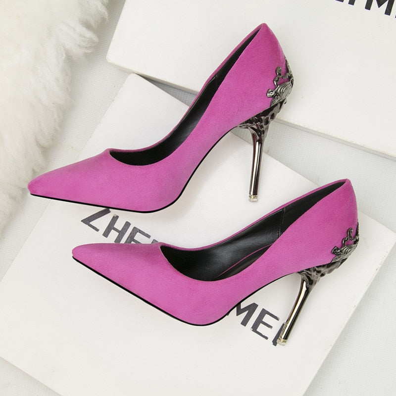 Pointed single shoe women's wedding shoes red bride's shoes metal hollowed out suede thin heeled high heels  luxury