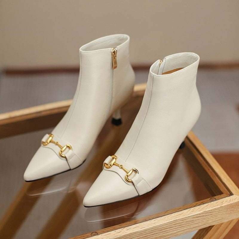 Autumn and Winter Women's Short Boots Large 43 Leather Boots New Plush High Heels Women's Shoes Full Leather Fashion Nude Boots