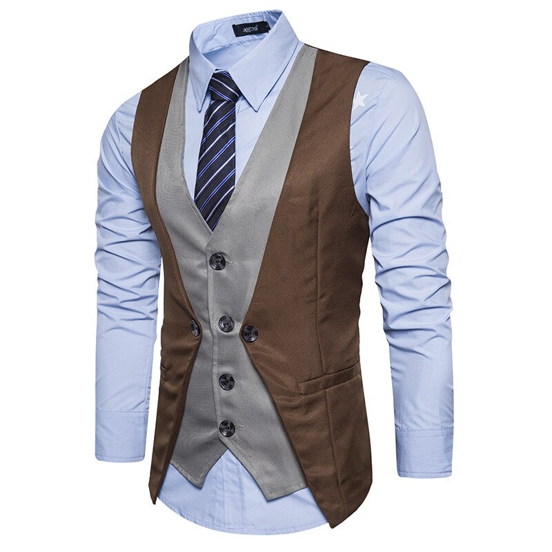 Men Formal Waistcoat Vest Business Solid Color Single Button Vest gilet Fake Two-pieces V Neck Casual S-lim chalecos para hombre