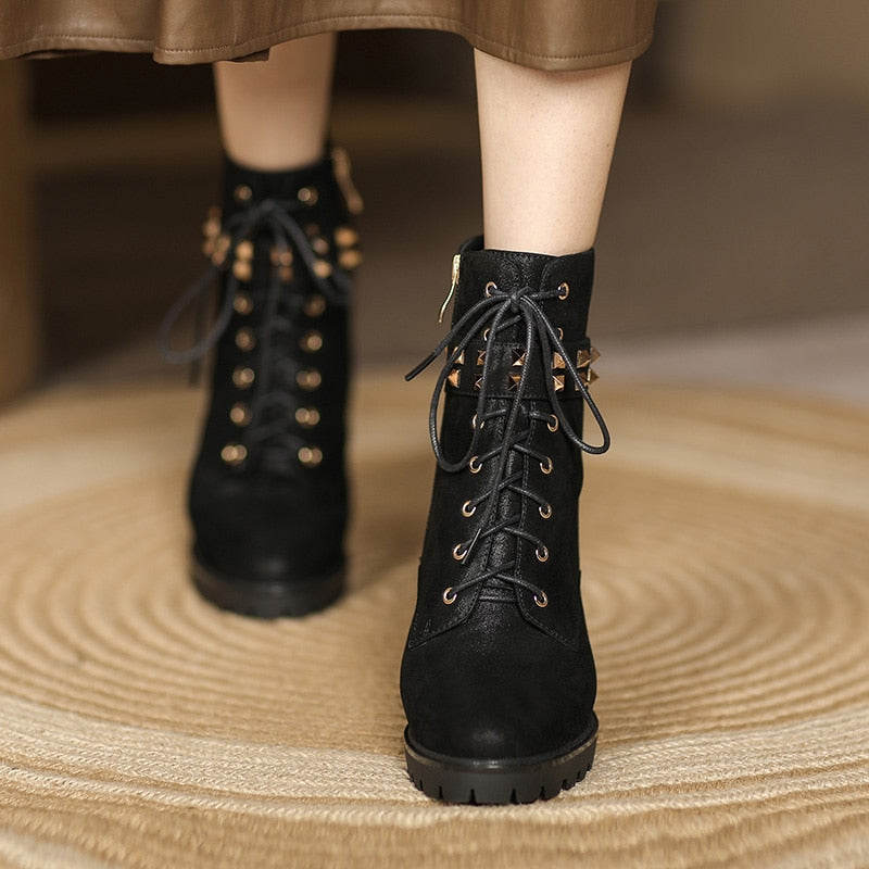 Black Spring Autumn Women Ankle Boots Cross-tied Super high heel Round Toe Fashion Rivets Zipper Platform Boots