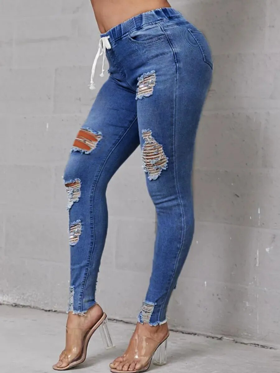 LW Plus Size Jeans High-Waist High Stretchy Ripped Distressed Jeans Classic Elastic Waist Solid cut hole women's Pants