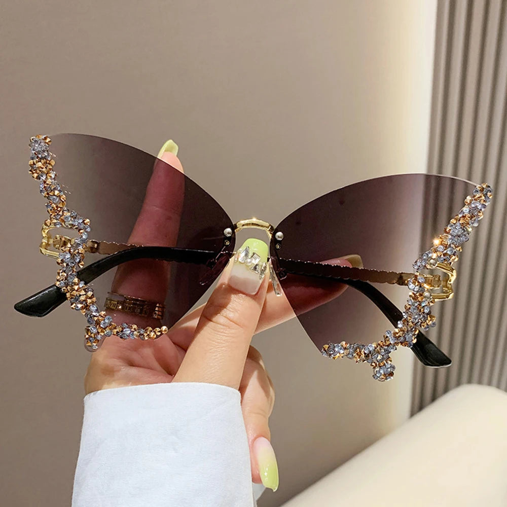 Luxury Diamond Butterfly Sunglasses Women Brand  Vintage Rimless Oversized Sun Glasses Ladies Eyewear Holiday Decorative Eyewear