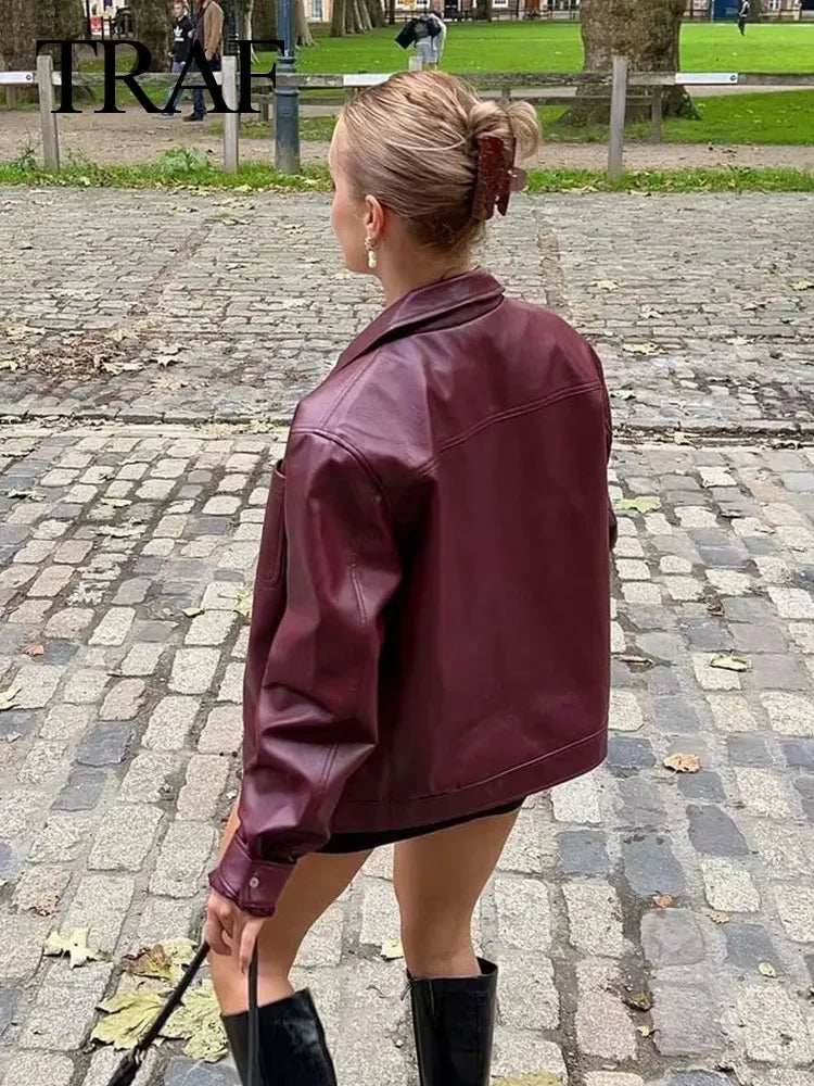 TRAF 2023 Autumn Women Fashion New Imitation Leather Jacket Solid Red Loose Jackets Woman With Zipper Moto Biker Female Coat