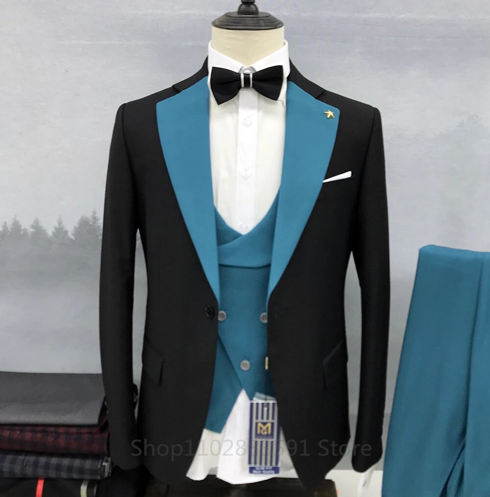 2023 New Men's Set Black Suit Orange Edge Standing Collar Business Formal Luxury Wedding Three Piece Set (Jacket+Pants+Vest)