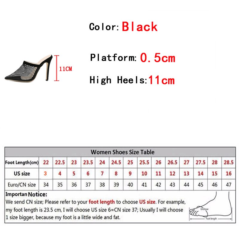 Size 35-42 Sexy Breathable Mesh Woman Pumps Slipper Summer Pointed Toe Mules High Heels Stiletto Sandal Female Shoes Black