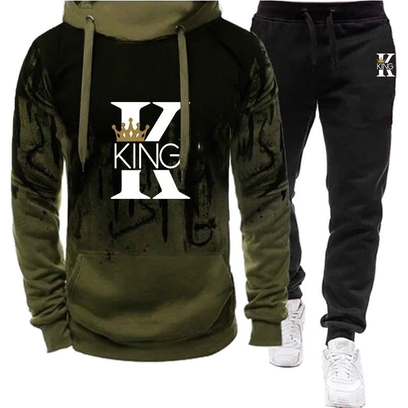 Men's Sets Splash Ink Sweatshirt and Sweatpants Two Piece Outfits Autumn Spring King Printed Streetwear Male Tracksuit S-4XL