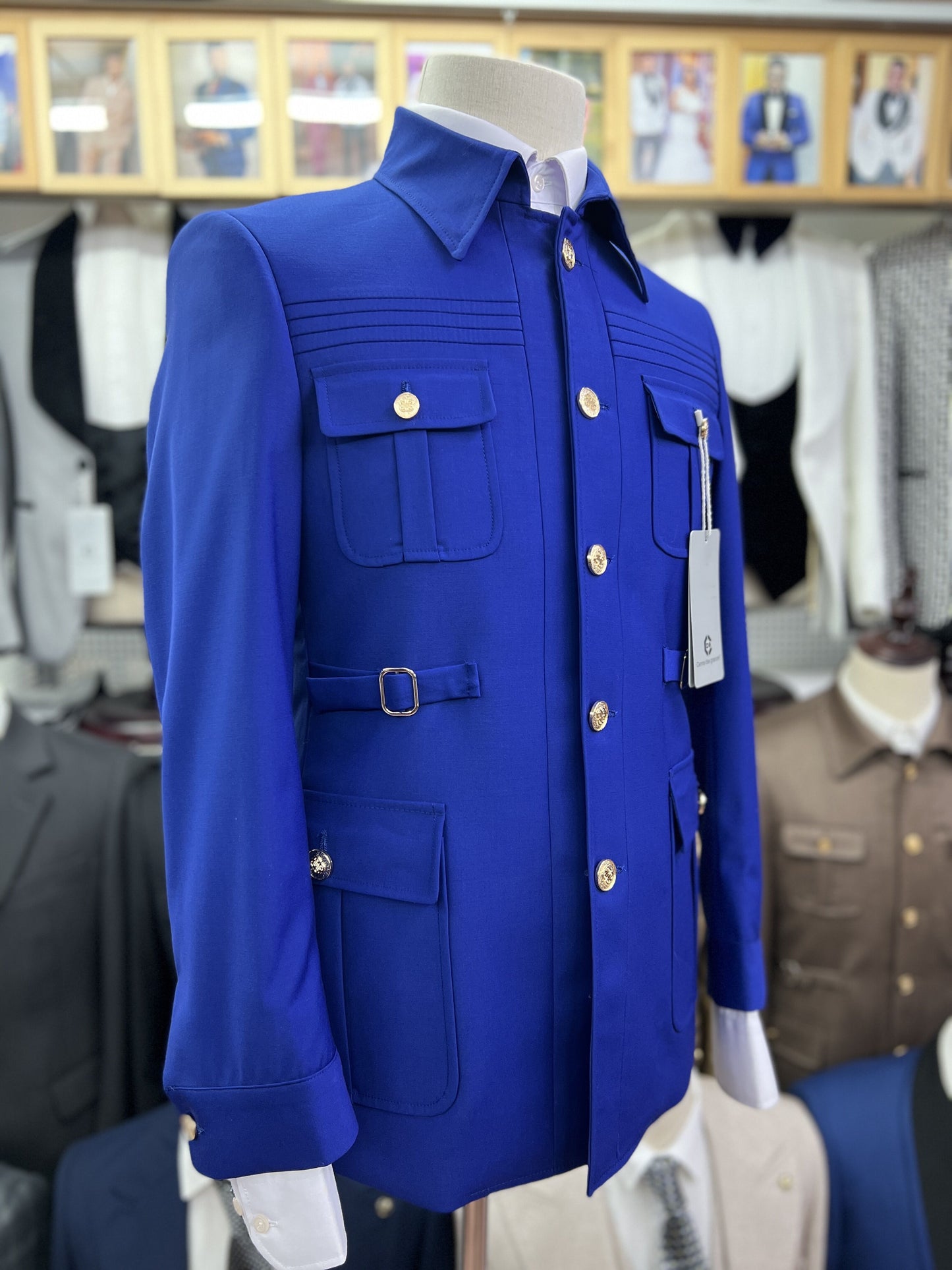 Cenne Des Graoom Safari Men Suits Gold Button Square Collar Tailor-Made Formal Casual Business Official Wear Costume Homme Blue