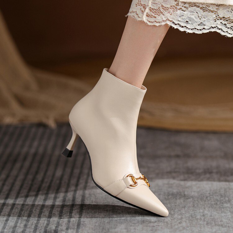 Autumn and Winter Women's Short Boots Large 43 Leather Boots New Plush High Heels Women's Shoes Full Leather Fashion Nude Boots