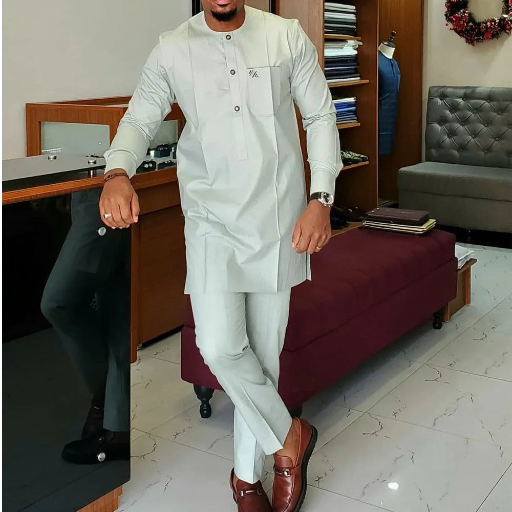Kaunda Men Suits Solid Zipper Tops Pants Gentleman Man Suit African Kaftan Traditional Clothing 2PCS Wedding Sets Dashiki Wear