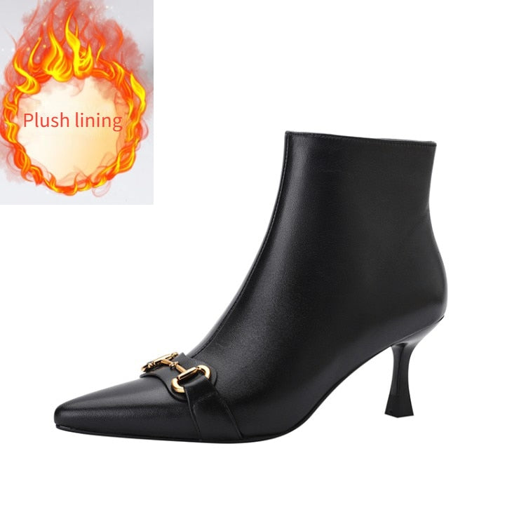 Autumn and Winter Women's Short Boots Large 43 Leather Boots New Plush High Heels Women's Shoes Full Leather Fashion Nude Boots
