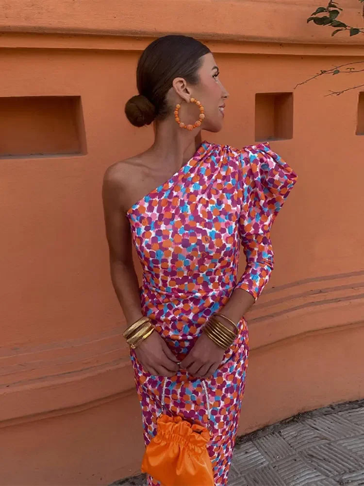 One Shoulder Print Long Sleeve Maxi Dress Women Backless Slim Fit Pleated Robes 2024 New Fashion Lady Vacation Party Vestidos
