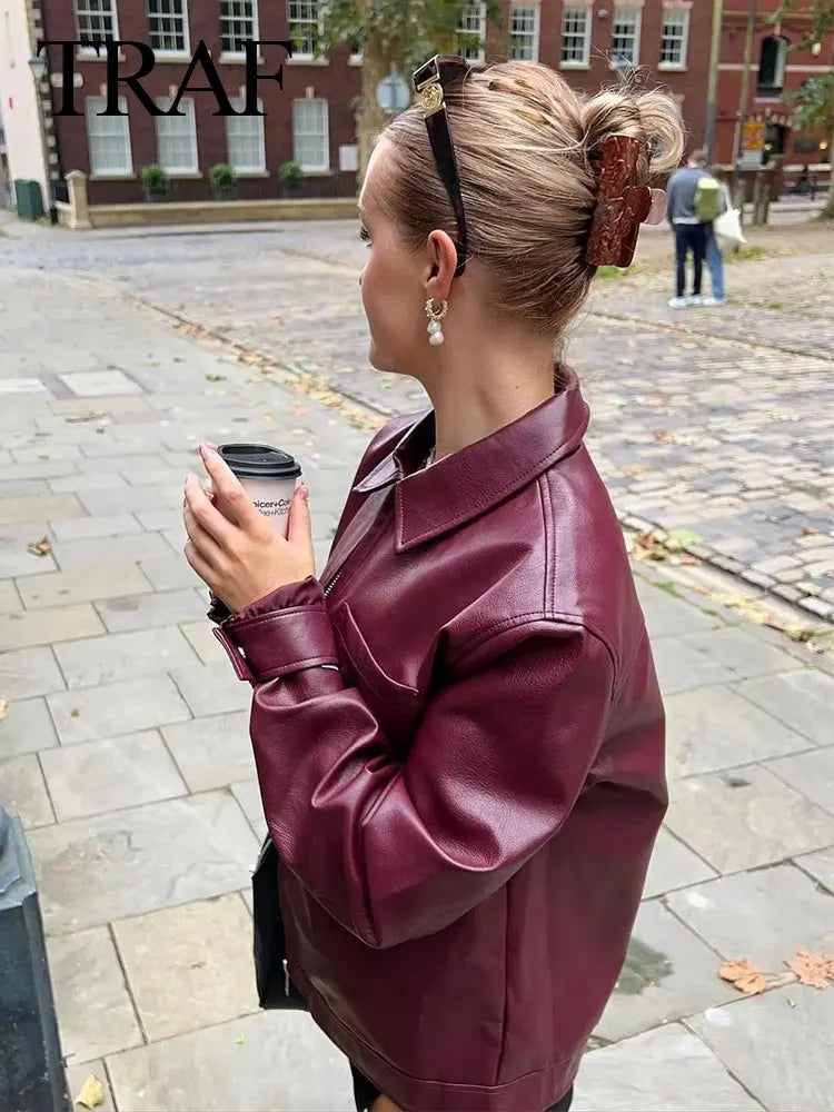 TRAF 2023 Autumn Women Fashion New Imitation Leather Jacket Solid Red Loose Jackets Woman With Zipper Moto Biker Female Coat