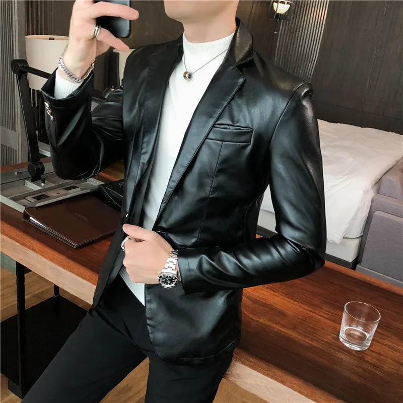 Men High Quality PU Leather Jacket 2022 New Solid Color Fashion Slim Suit Jacket Men Business Casual Prom Korean Men Clothing