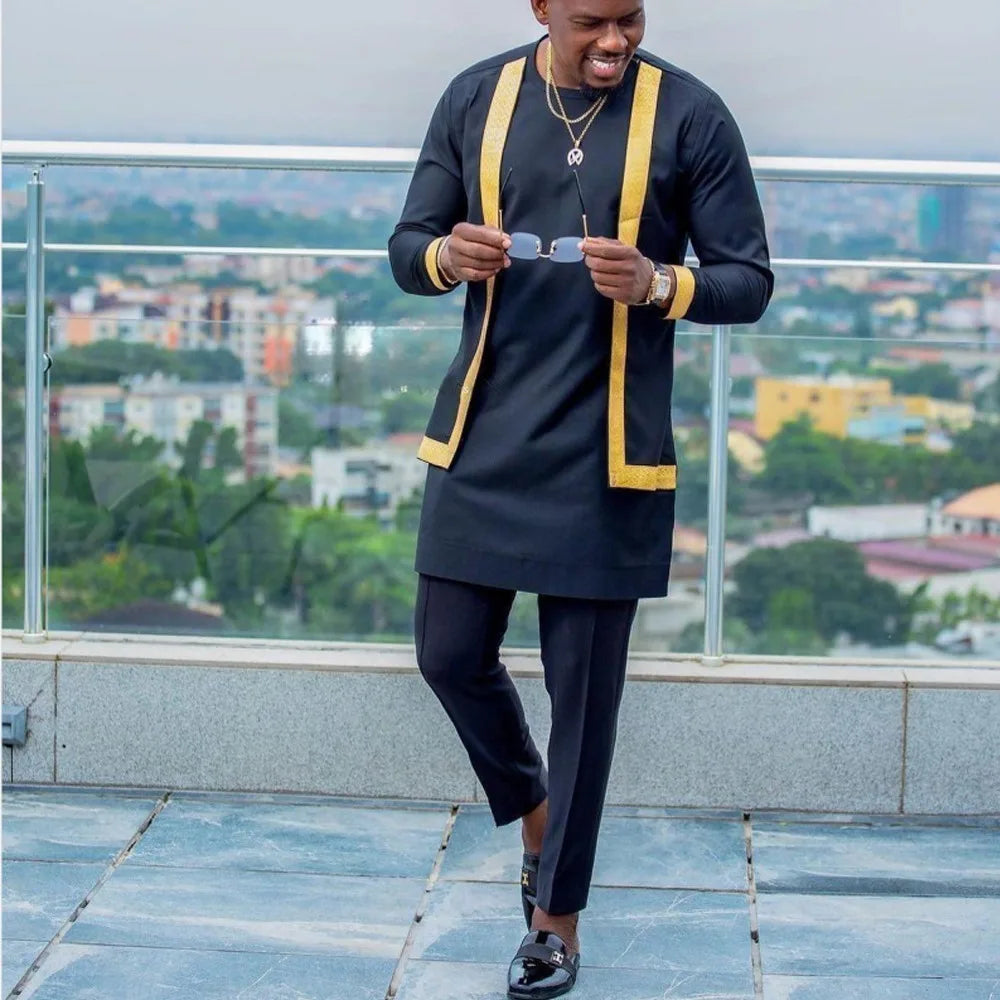 Kaunda Men Suits Solid Zipper Tops Pants Gentleman Man Suit African Kaftan Traditional Clothing 2PCS Wedding Sets Dashiki Wear