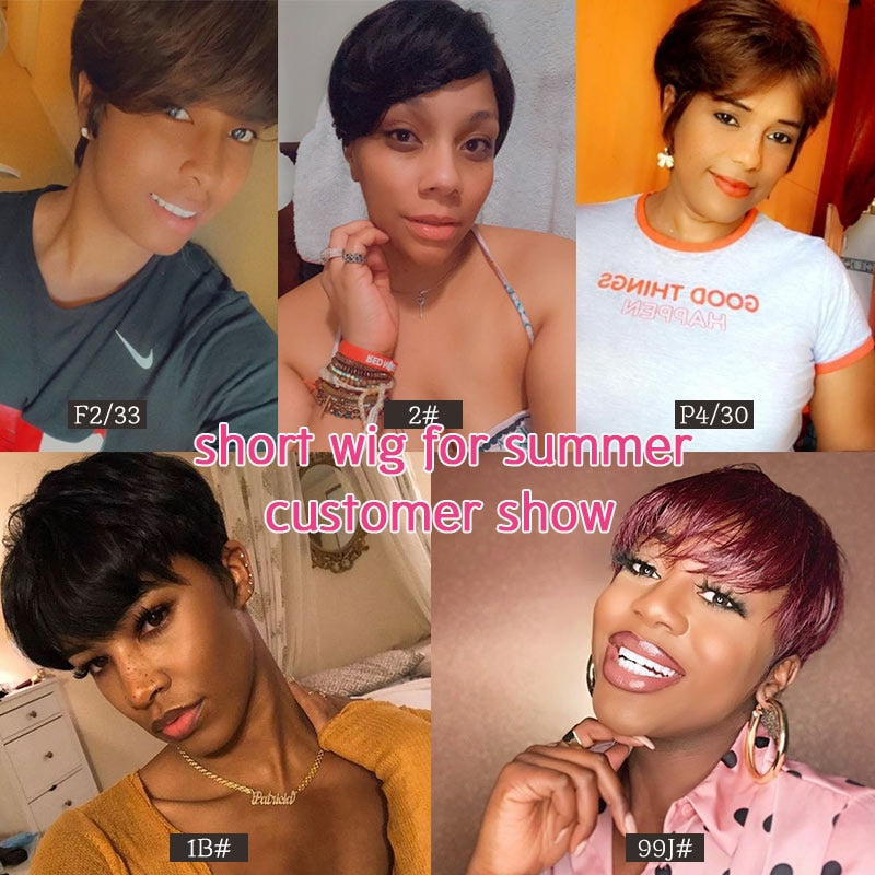 Short Human Hair Wigs Pixie Cut Straight Remy Brazilian Hair for Black Women Machine Made Highlight Color Cheap Glueless Wigs