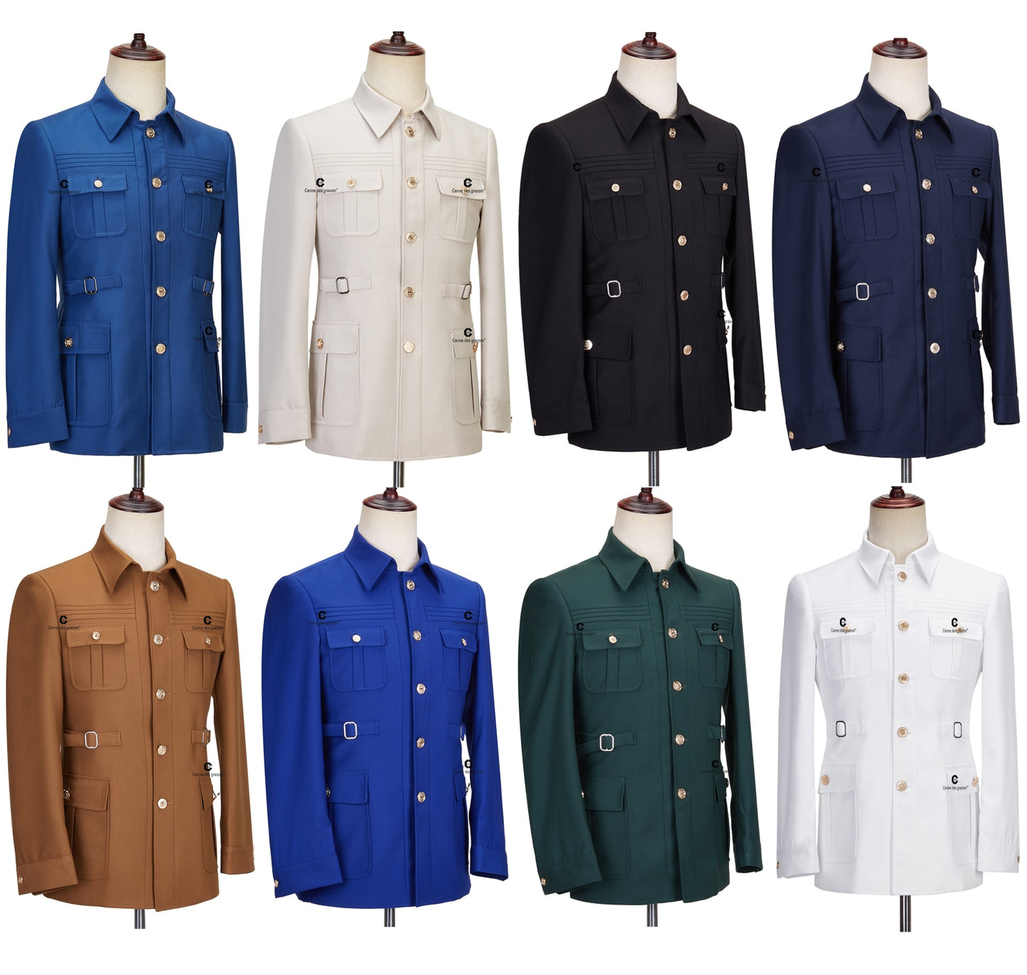 Cenne Des Graoom Safari Men Suits Gold Button Square Collar Tailor-Made Formal Casual Business Official Wear Costume Homme Blue