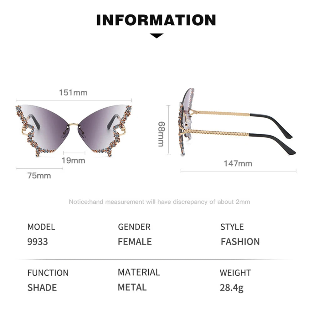 Luxury Diamond Butterfly Sunglasses Women Brand  Vintage Rimless Oversized Sun Glasses Ladies Eyewear Holiday Decorative Eyewear